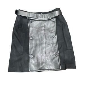 Max Mara Woolrich Black Leather Trim Double Button Belted Skirt Size 38